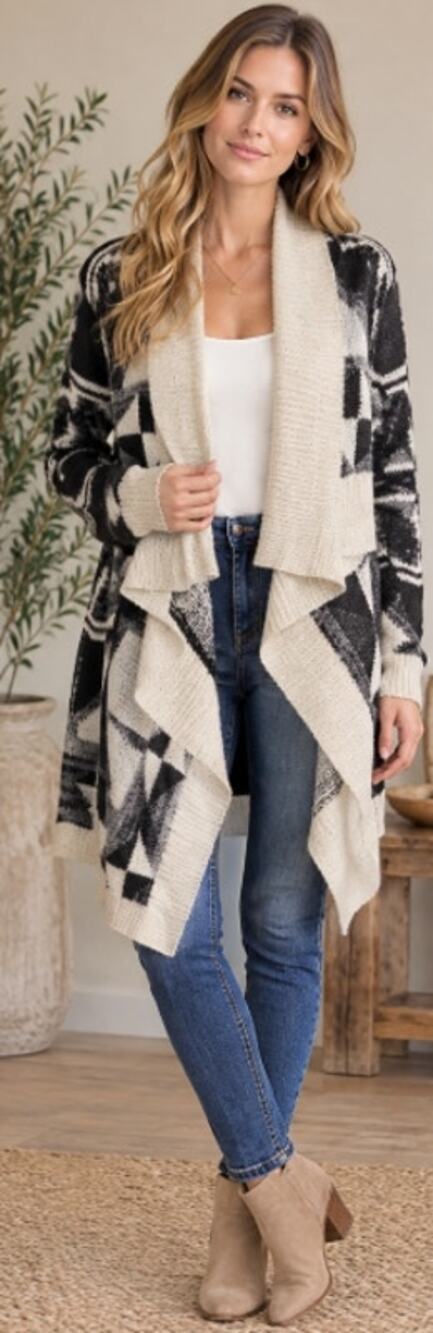 Southwestern Aztec Geometric Draped Open Front Waterfall Cardigan Medium